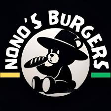 Logotipo de Nono's Burgers: un oso con sombrero comiendo una hamburguesa